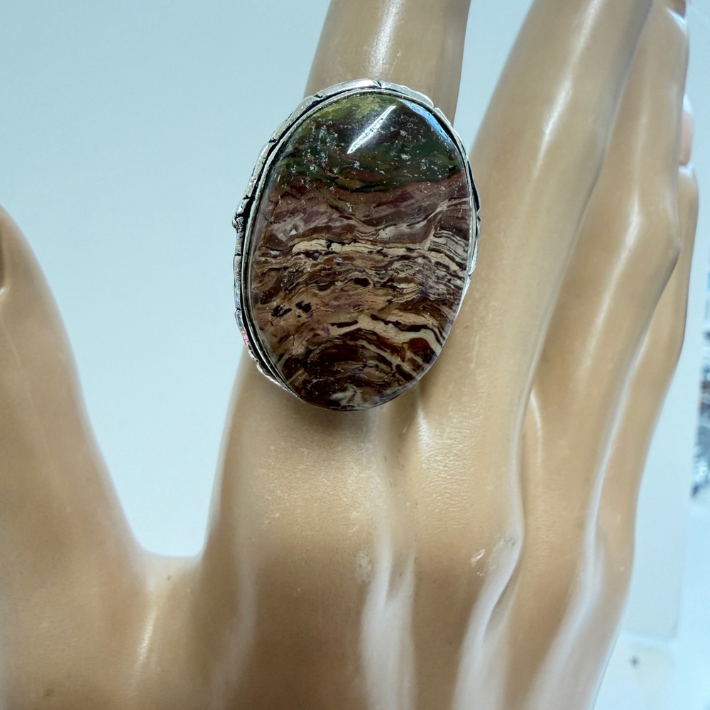 Hand Crafted Silver Plated Brown‎ Jasper Statement Ring Size 6 Gift Box